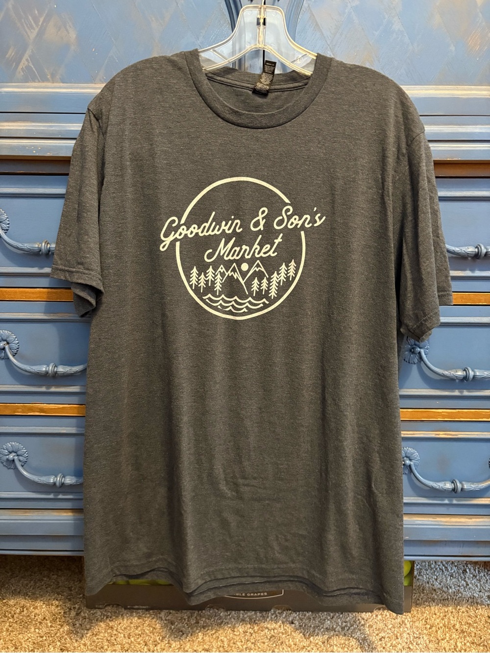 Men's Heather Navy Crestline California Grocery Store T-Shirt Mountains